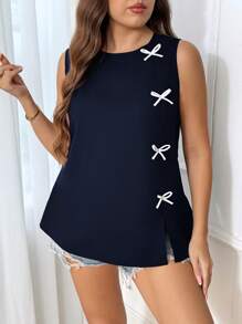 CosyJoli Áo thun cổ tròn không tay in nơ cỡ lớn - Màu xanh hải quân - Xem 3