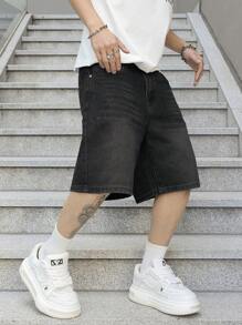 Claim Dot 男士纯色复古休闲宽松牛仔短裤，夏季 - 黑色 - 查看 1