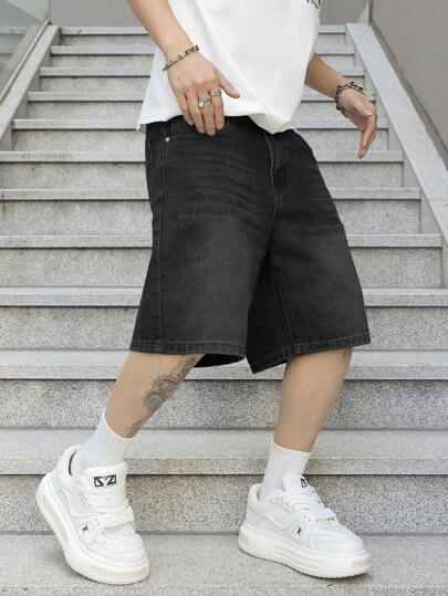 Claim Dot 男士纯色复古休闲宽松牛仔短裤，夏季