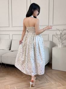 Modelyn Women's Ditsy Floral Pleated Halter Neck Vacation Dress