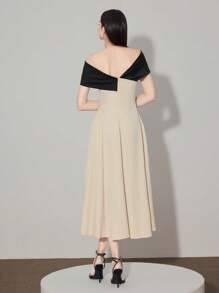 Modelyn Elegant Women's Midi Dress With Asymmetrical Neckline Off-The-Shoulder Design And Pleated Skirt Detail - Multicolor - View 5