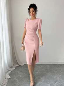 Elenzga 女士休闲夏季泡泡袖圆领褶皱露肩镂空连衣裙 - 粉色 - 查看 4