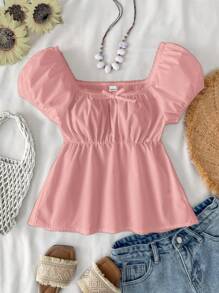 SHEIN Cute Pink Square Collar Ruffle Hem Blouse, Preppy Sweet Style, Cropped Casual Shirt For Teens
