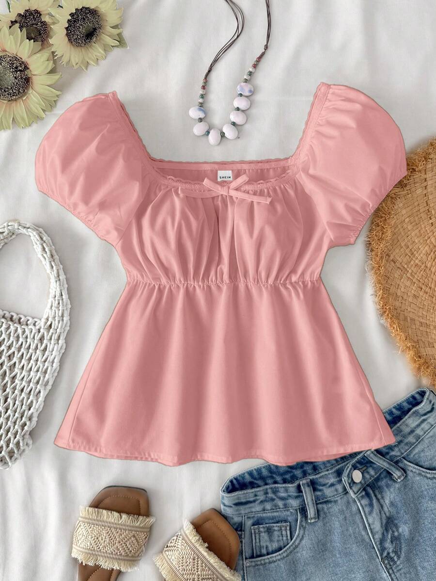 SHEIN Cute Pink Square Collar Ruffle Hem Blouse, Preppy Sweet Style, Cropped Casual Shirt For Teens