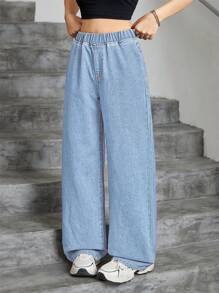 SHEIN Elladie kids 少女 Y2K 纯色水洗宽松直筒牛仔裤，重返校园街头风格 - 淺色水洗藍 - 查看 5