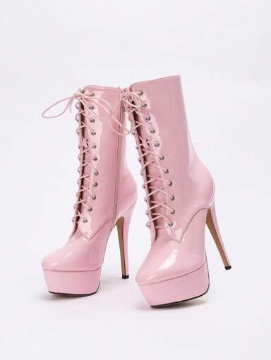 CUCCOO LuxiPop Women's Pink High Heel Platform Lace-Up Mid-Calf Boots, Sexy & Fashionable For Nightclub, Halloween, Christmas, Party Outfits