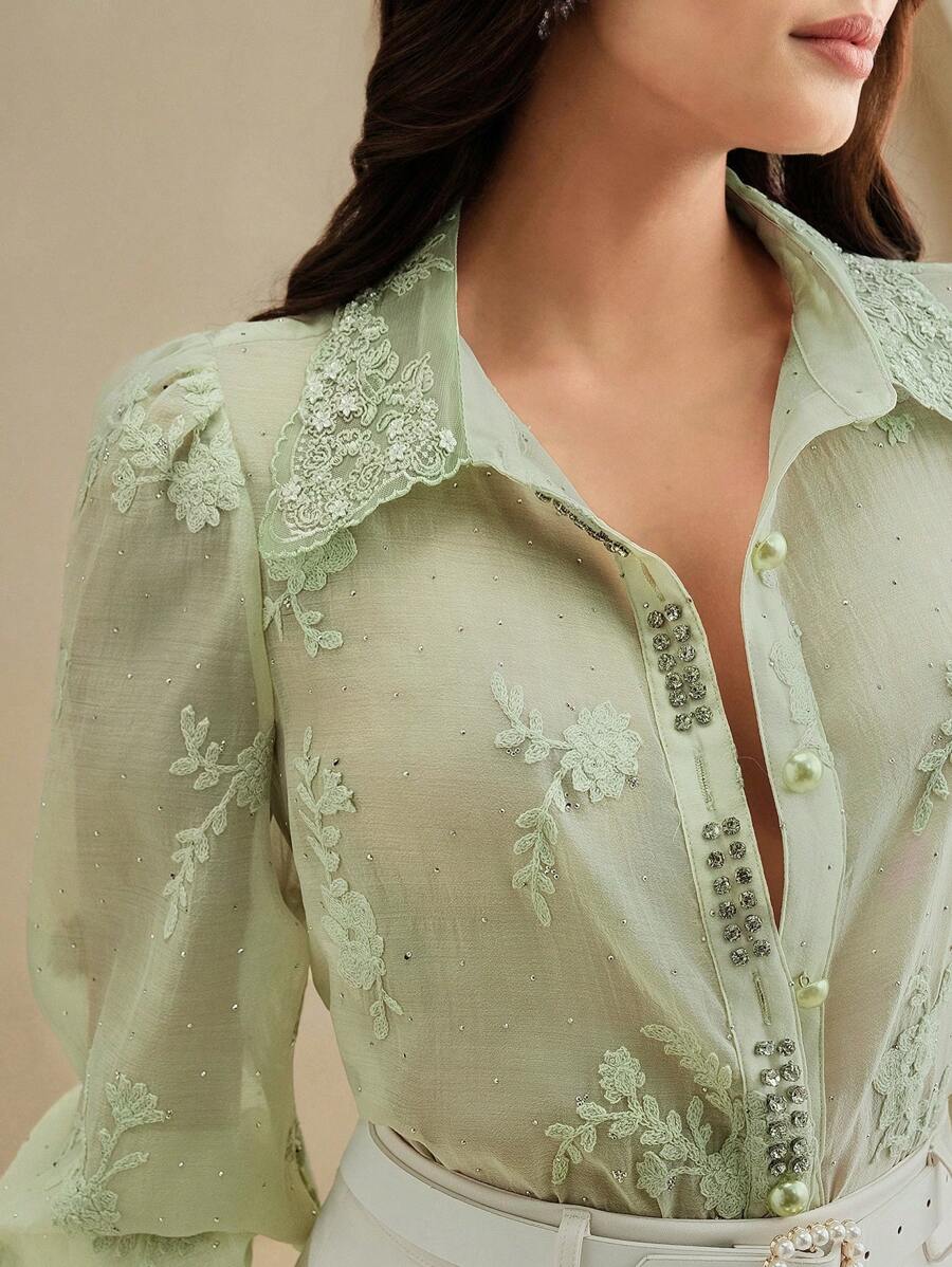 Anewsta Áo sơ mi thanh lịch có cổ bẻ, vải jacquard, thêu và trang trí bằng đá giả - màu xanh lá - Xem 1