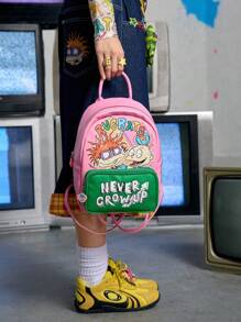 Nick 90's X ROMWE Fashionable Casual Contrast Color Cartoon Pattern Backpack, Back To School Essentials, Preppy Backpack For School - Pink - View 5