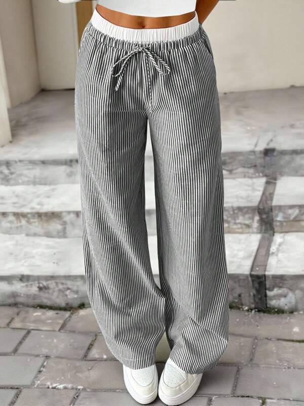 SHEIN Tween Girl Contrast Waist Casual Loose Wide-Leg Pants