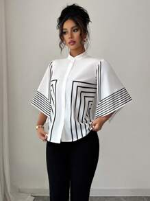 Elenzga Stand Collar Placement Digital Print Geometric Lines Asymmetrical Sleeve Opening French Elegant Shirt, Resort Wear Spring/Summer