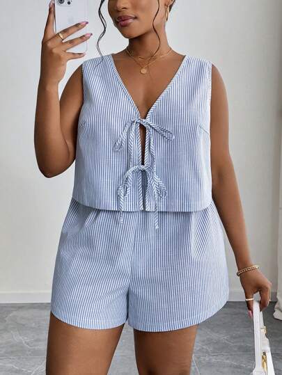 SHEIN PETITE CURVE 女士休闲梭织条纹吊带背心和高腰宽松短裤套装