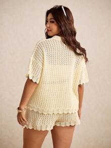 Elaquor 大码女式纯色镂空短袖单排扣针织上衣和针织短裤套装