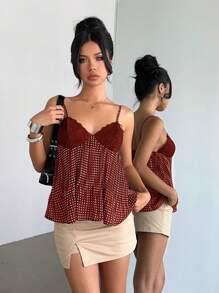 Top de tirantes de mujer con encaje, parches y estampado de lunares, ideal para el verano - Rojo - Ver 3