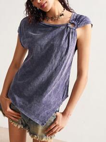 Bohemela 休闲纯色针织修身圆领背心 女士棉质上衣 女士夏季棉质上衣 女士圆环细节上衣 女士夏季上衣 不对称上衣 - 藏蓝色 - 查看 3