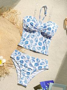 SHEIN Đồ bơi một mảnh họa tiết hoa nhỏ xinh xắn dành cho bé gái tuổi teen - Xanh và trắng - Xem 1