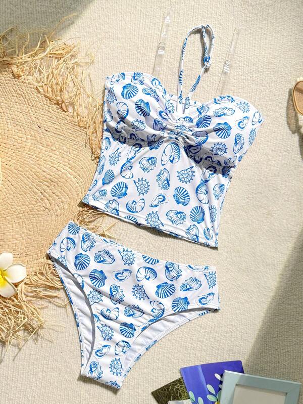 SHEIN Tween Girls Vacation Ditsy Floral Side Bow Decor Casual One-Piece Swimsuit