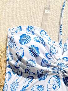 SHEIN Đồ bơi một mảnh họa tiết hoa nhỏ xinh xắn dành cho bé gái tuổi teen - Xanh và trắng - Xem 4