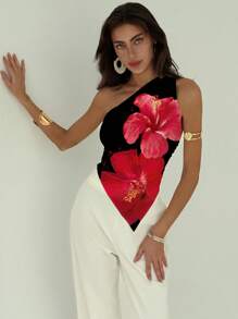 Aloruh 女士优雅简约斜肩褶皱红色花卉印花衬衫，适合度假、海滩、音乐节、晚宴 - 黑色 - 查看 1