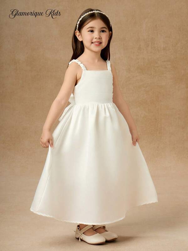 Glamorique Kids Young Girl' White Satin Criss-Cross Back Bow Decor Waist Fit & Flare Princess Dress For Party & Wedding White Dress For Girls