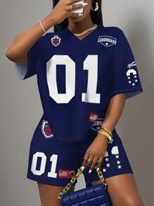 Slaydiva 2pcs Women Casual Letter Print Short Sleeve T-Shirt And Shorts Sports Set, Summer - Multicolor - View 6