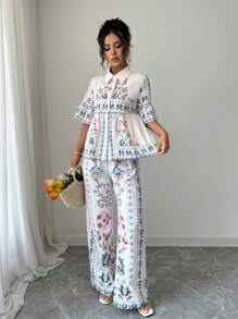 Chiquease Women's Elegant Floral Print Vacation Fresh Comfortable Top And Straight Leg Pants Set