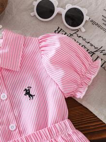 SHEIN 2PCS Baby Girls Korean Summer Casual Cute Collared Embroidered Stripe Shirt & Stripe Skirt Outfit 2 Year Old Girl Clothes - Pink - View 4