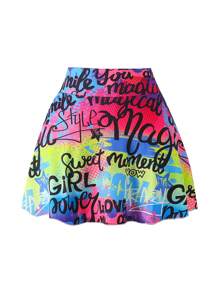 Tween Girl Letter Print Casual Skort With Pockets - Hot Pink - View 2
