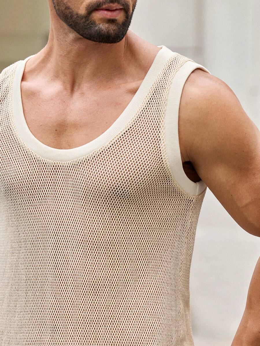 Mainfolk Men's Casual Sleeveless Hollow-Out Tank Top, Suitable For Everyday Wear - Apricot - View 1