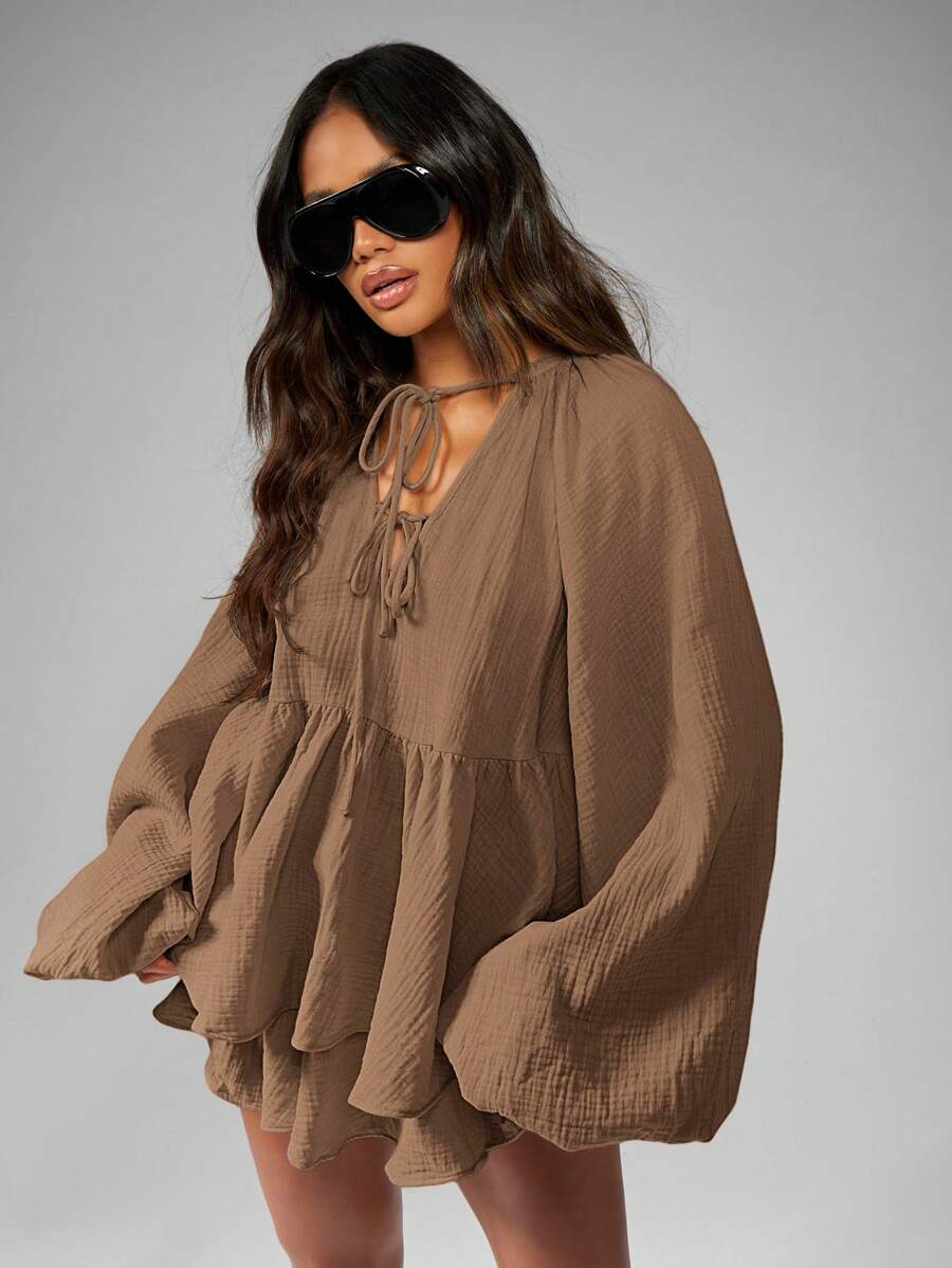 MISSGUIDED Cheesecloth Blouse With Floaty Shorts Festival Cottage Core Boho Summer Peasant Balloon Sleeve Ruffle Tiered Bohemian Beach Set - Brown - View 1