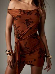 MISSGUIDED Rochie mini cu umeri goi, imprimeu floral, cu noduri laterale, încrețite, seară, petrecere, mulată, răsucită în față, toamnă, modă - Portocale - Vizualizare 5