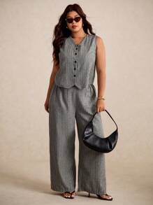 Elaquor 大码休闲通勤优雅条纹背心和直筒裤 - 灰色 - 查看 3