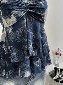 Breezaya Women's Boho Royal Blue Halter Sleeveless Top Semi-Sheer Knitted Fabric With Ruched Details And A Flared Hem For A Regular Fit - Royal Blue - View 4