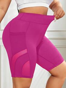 Easithlete Plus Size Mesh Patchwork Striped Sports Shorts Workout Short Yoga Shorts With Pockets Women Activewear Shorts High Waisted Biker Shorts Workout Shorts With Pockets Legging Shorts - Hot Pink - View 3