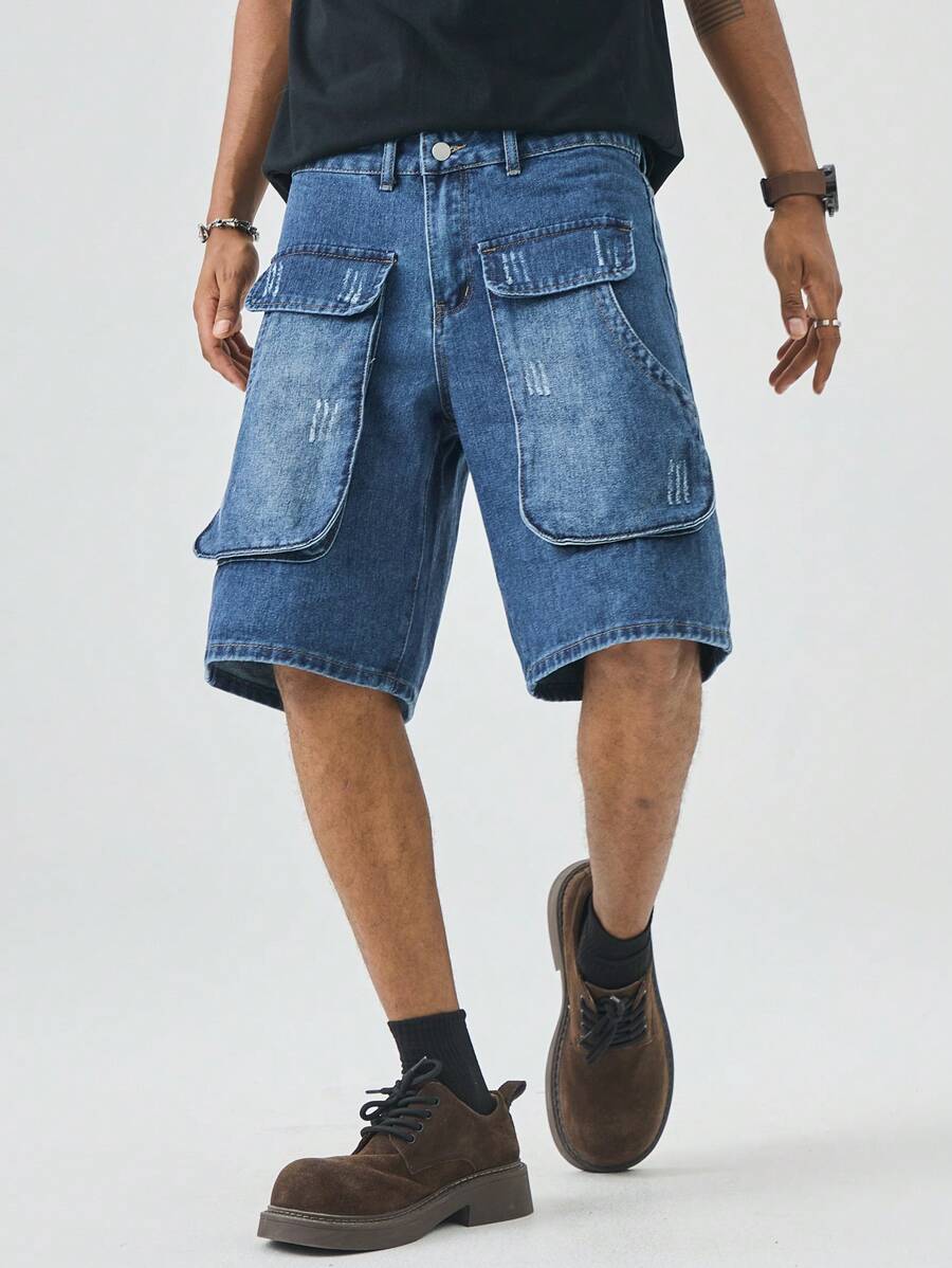 Manfinity EMRG Herren Große Größen Loose Fit Weite Bein Lässig Denim Shorts mit großen Taschen