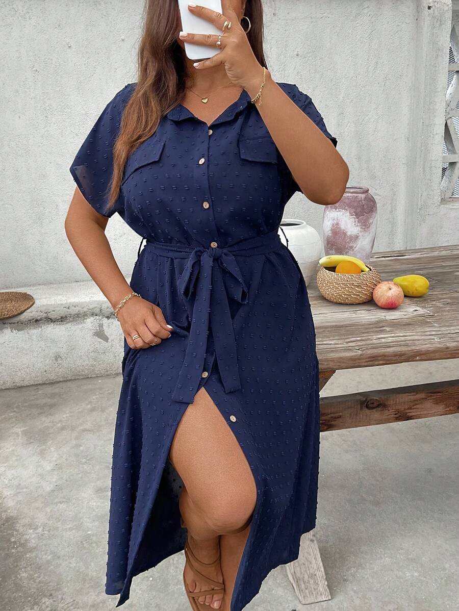 SHEIN LUNE 夏季大码休闲纯色前扣连衣裙 - 藏蓝色 - 查看 1