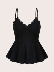 Ellevyn Plus Size Solid Color Seashell Border Cinched Waist Camisole - Black - View 5