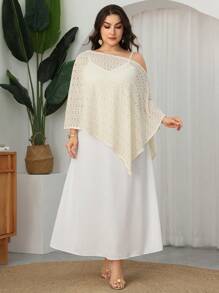 Modelyn Conjunto de 2 piezas de talla grande elegante con hombros oblicuos de ganchillo para primavera/verano - Beis - Ver 4