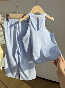 SHEIN 2pcs/Set Baju Atasan Tanpa Lengan Bergaris dengan Dekorasi Bunga 3D & Celana Panjang untuk Anak Perempuan, Musim Panas - MultiWarna - View 2