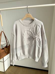 SHEIN EZwear 大码花卉图案休闲宽松圆领长袖毛衣 - 灰色 - 查看 1