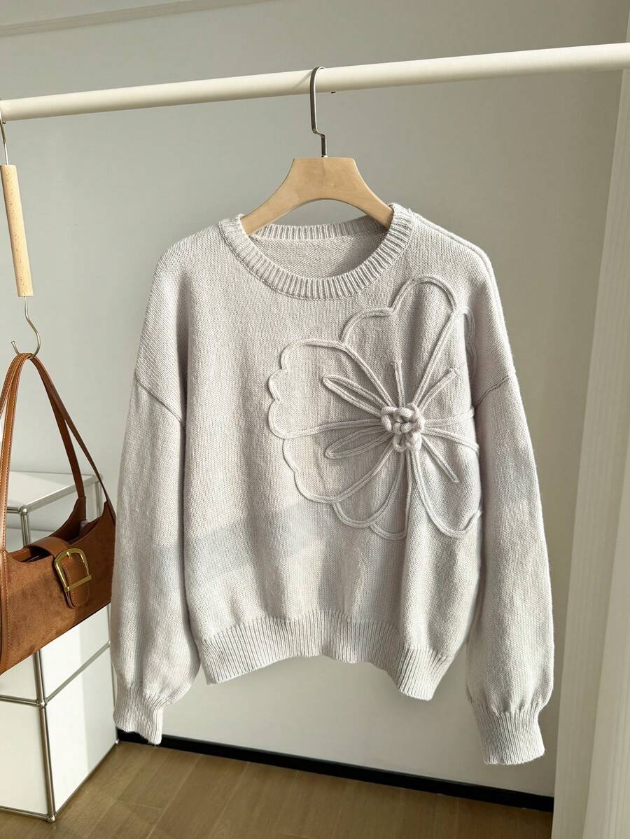 SHEIN EZwear 大码花卉图案休闲宽松圆领长袖毛衣 - 灰色 - 查看 1