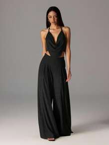 Firerie Women Elegant Casual High Waist Wide Leg Textured Pants, Suitable For Daily Wear,Cargo Pants - Black - View 7