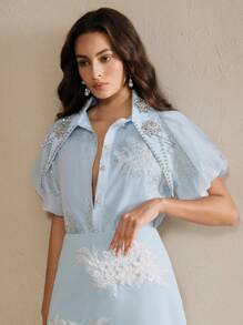 Anewsta Elaire 优雅百搭缀饰水钻彼得潘领泡泡袖女式衬衫 - 藍色 - 查看 6