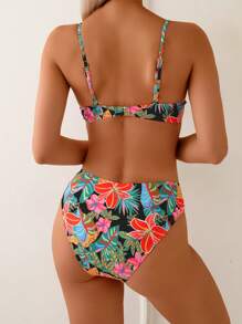 SHEIN Swim Beach Summer Outfits For Women, Tropical Flower Print Push Up Strap Bikini Set, 2pcs - Multicolor - View 2