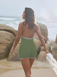 Swim SPRTY Costumi da bagno interi casual da donna con schiena scoperta, collo alto annodato, e colore a contrasto
