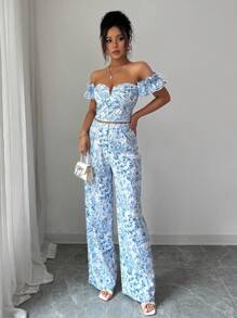 Lyxana Set de 2 piezas: Top de hombros y pantalón de pierna recta con estampado