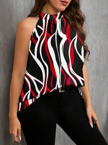 EMERY ROSE Kemeja Kasual Ukuran Besar Motif Garis Hitam, Merah & Putih, Cocok untuk Musim Panas, Cocok untuk Bepergian, Blus Chic untuk Wanita - MultiWarna - View 3