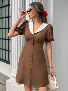 Chiquease 女士夏季沙滩裙，优雅设计，海军蓝领子，配色，泡泡袖 - 咖啡棕 - 查看 3