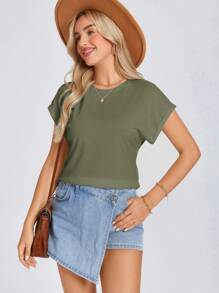 EMERY ROSE Women's Summer Solid Color Round Neck Batwing Sleeve Casual T-Shirt - Army Green - View 3