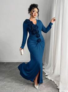 Modelyn Vestito elegante a trapezio con decorazione floreale 3D e volant, taglie comode per donne di taglia grande