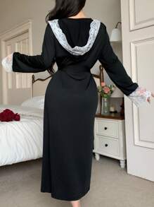 Snug Zone Casual Elegant Lace Patchwork Hooded Belted Bath Robe For Women, Cozy And Elegant Details, Fall & Winter - Black and White - View 2